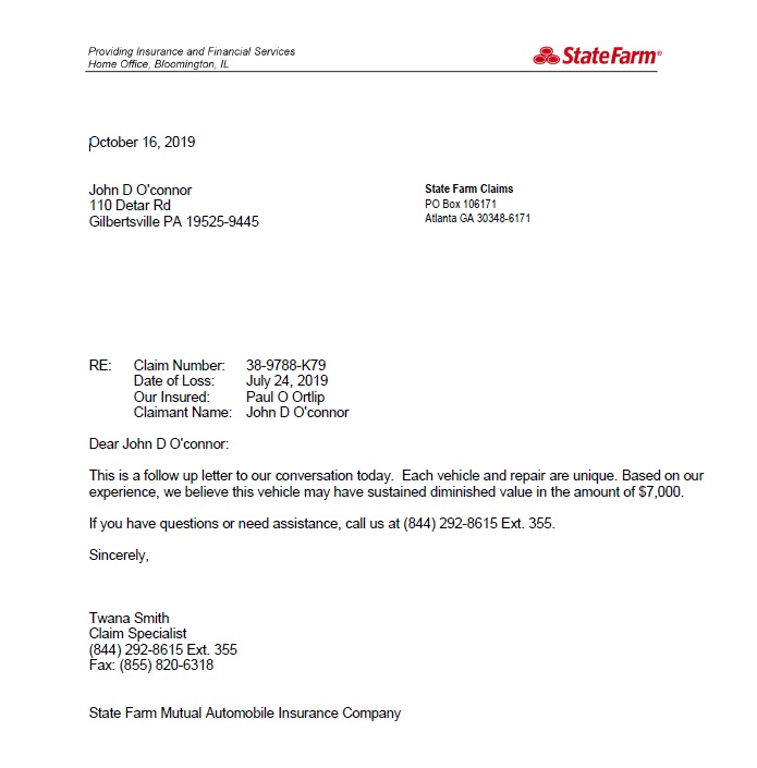 State Farm Insurance Auto Diminished Value Response