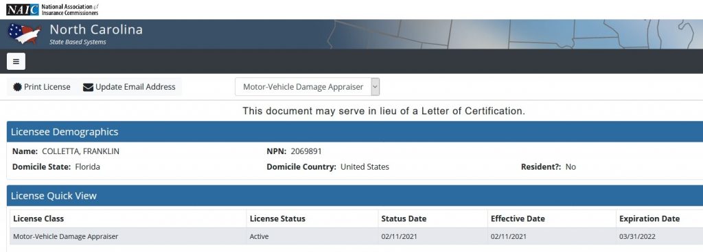 North Carolina Licensed Auto Diminished Value Appraiser